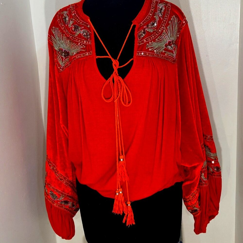 Free People Hearts Aflame Top Size Large Tassels, Sequins, Embroidery